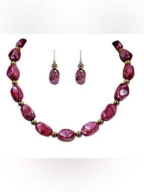 Purple Beaded Necklace Earring Set Gold Beads Lightweight Fashion Jewelry New